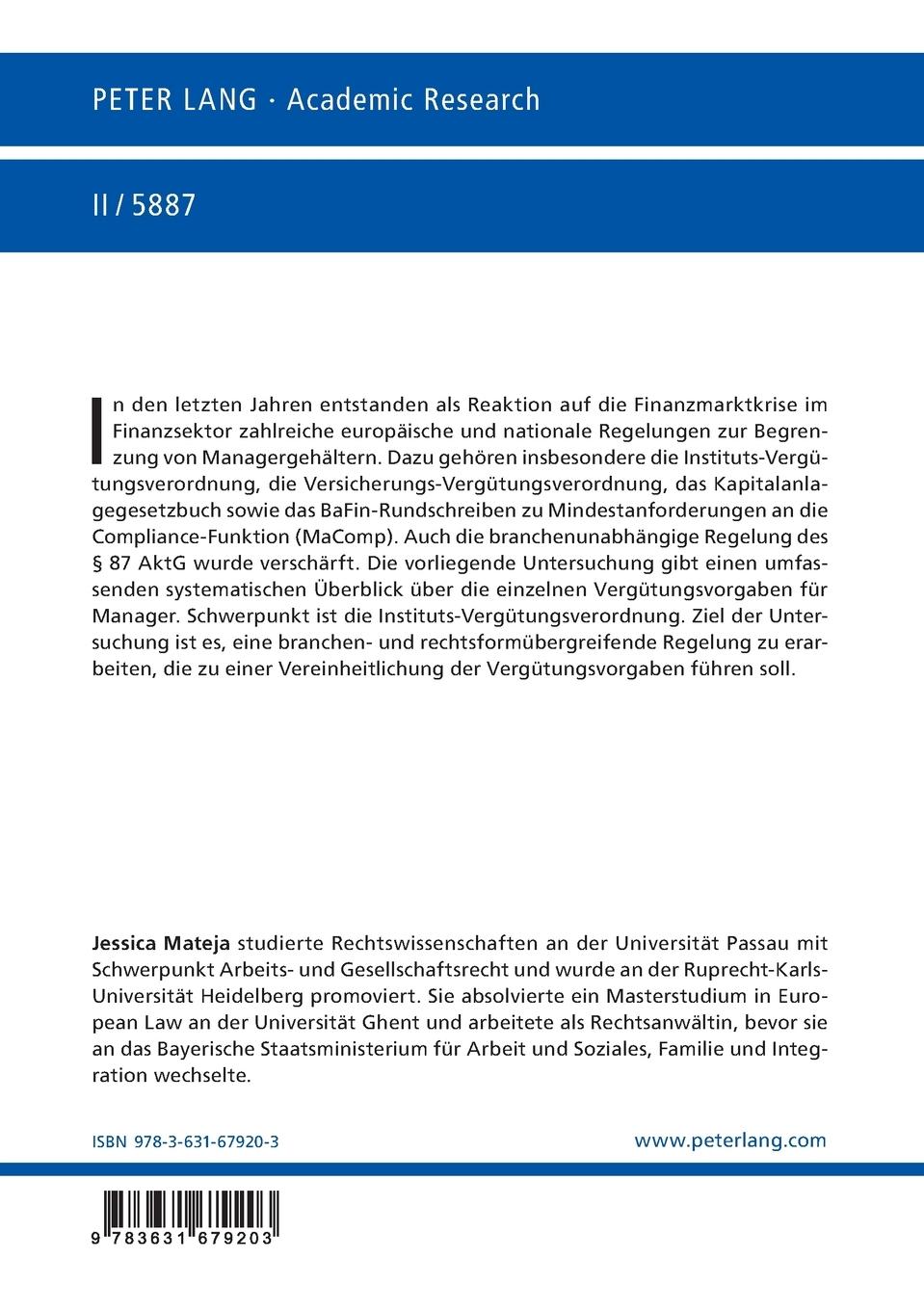 Rückseitencover Die Begrenzung von Managergehältern unter besonderer Berücksichtigung der Instituts-Vergütungsverordnung