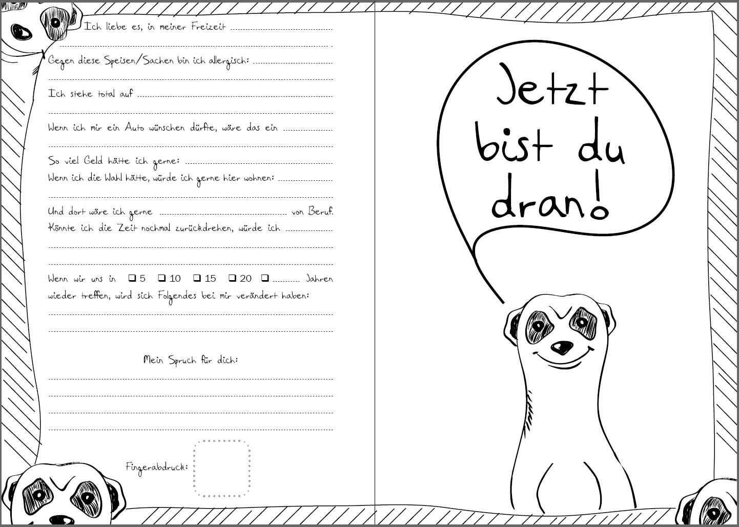 Beispielinhalt (Bild) Das Klassentreffen-Freundebuch - Für die wichtigsten Erinnerungen und Erkenntnisse nach der gemeinsamen Schulzeit. Wer, Was, Wo? Sammle Antworten!