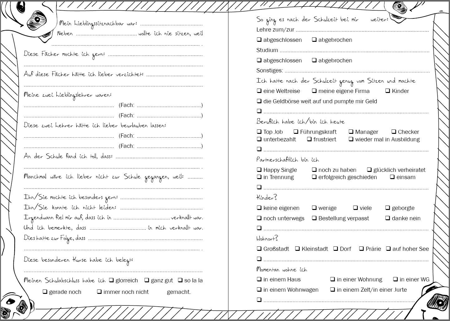 Beispielinhalt (Bild) Das Klassentreffen-Freundebuch - Für die wichtigsten Erinnerungen und Erkenntnisse nach der gemeinsamen Schulzeit. Wer, Was, Wo? Sammle Antworten!