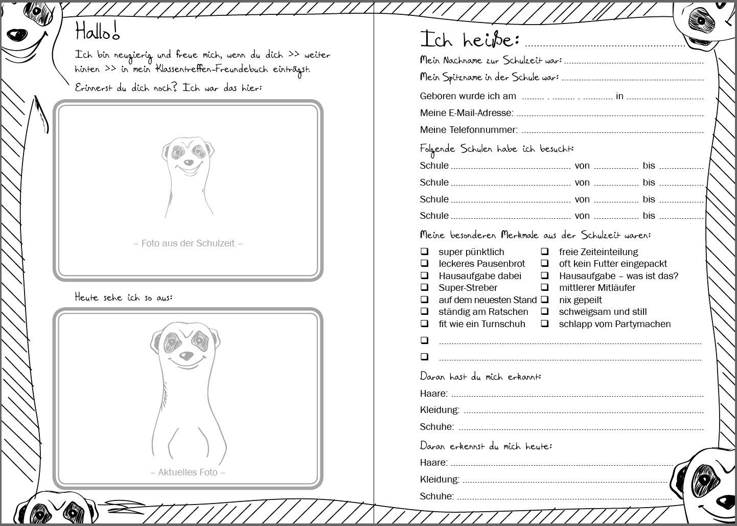 Beispielinhalt (Bild) Das Klassentreffen-Freundebuch - Für die wichtigsten Erinnerungen und Erkenntnisse nach der gemeinsamen Schulzeit. Wer, Was, Wo? Sammle Antworten!