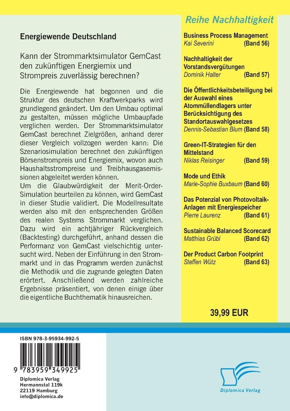 Rückseitencover Energiewende Deutschland. Kann der Strommarktsimulator GemCast den zukünftigen Energiemix und Strompreis zuverlässig berechnen?
