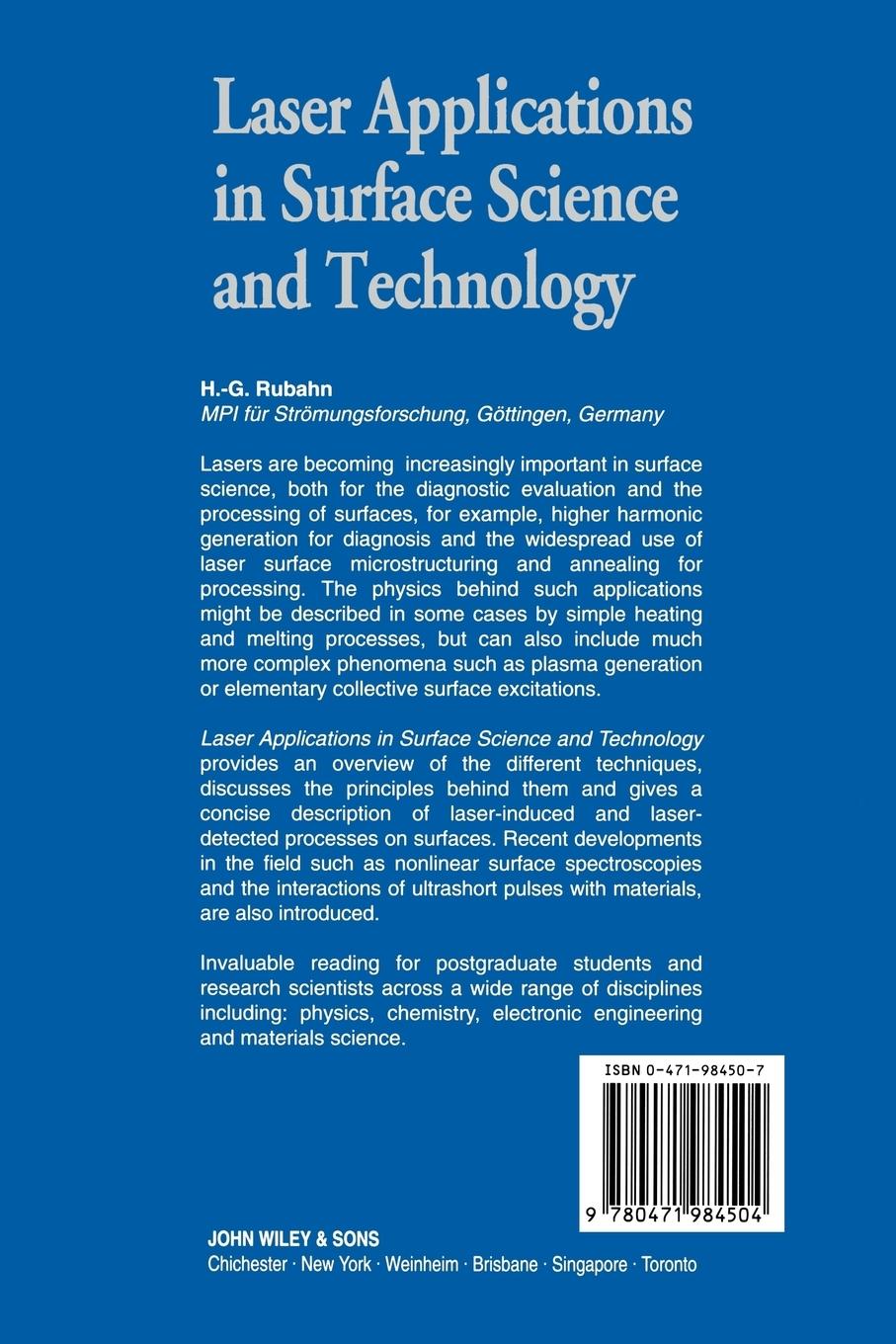 Rückseitencover Laser Applications in Surface Science and Technology