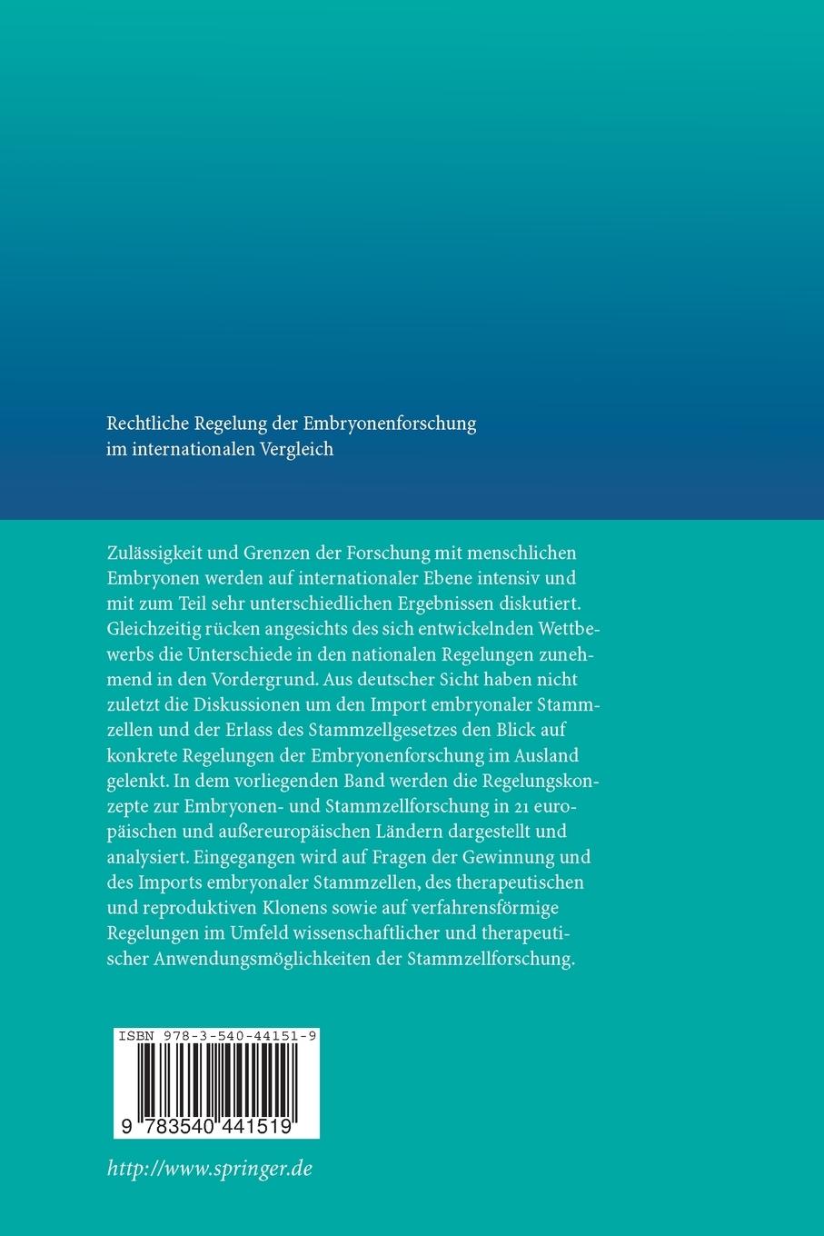 Rückseitencover Rechtliche Regelung der Embryonenforschung im internationalen Vergleich