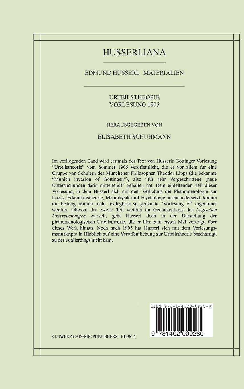 Rückseitencover Urteilstheorie Vorlesung 1905
