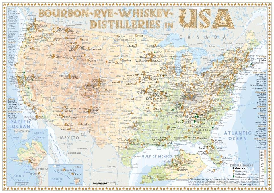 Vorderes Coverbild Bourbon-Rye-Whiskey Distilleries in USA - Tasting Map 34x24cm