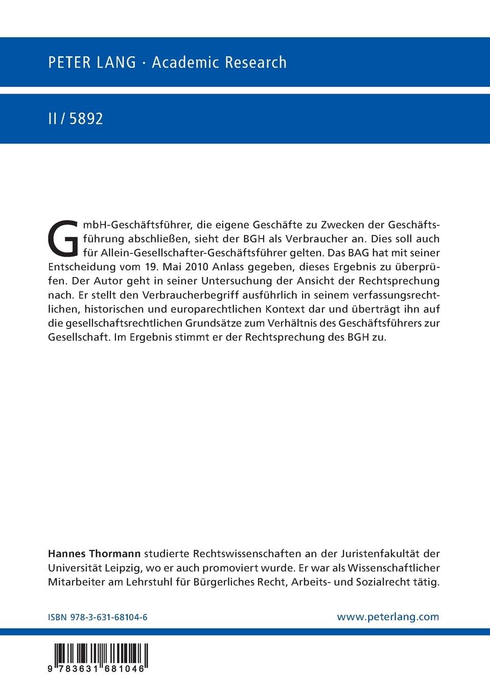 Rückseitencover Der GmbH-Geschäftsführer als Verbraucher