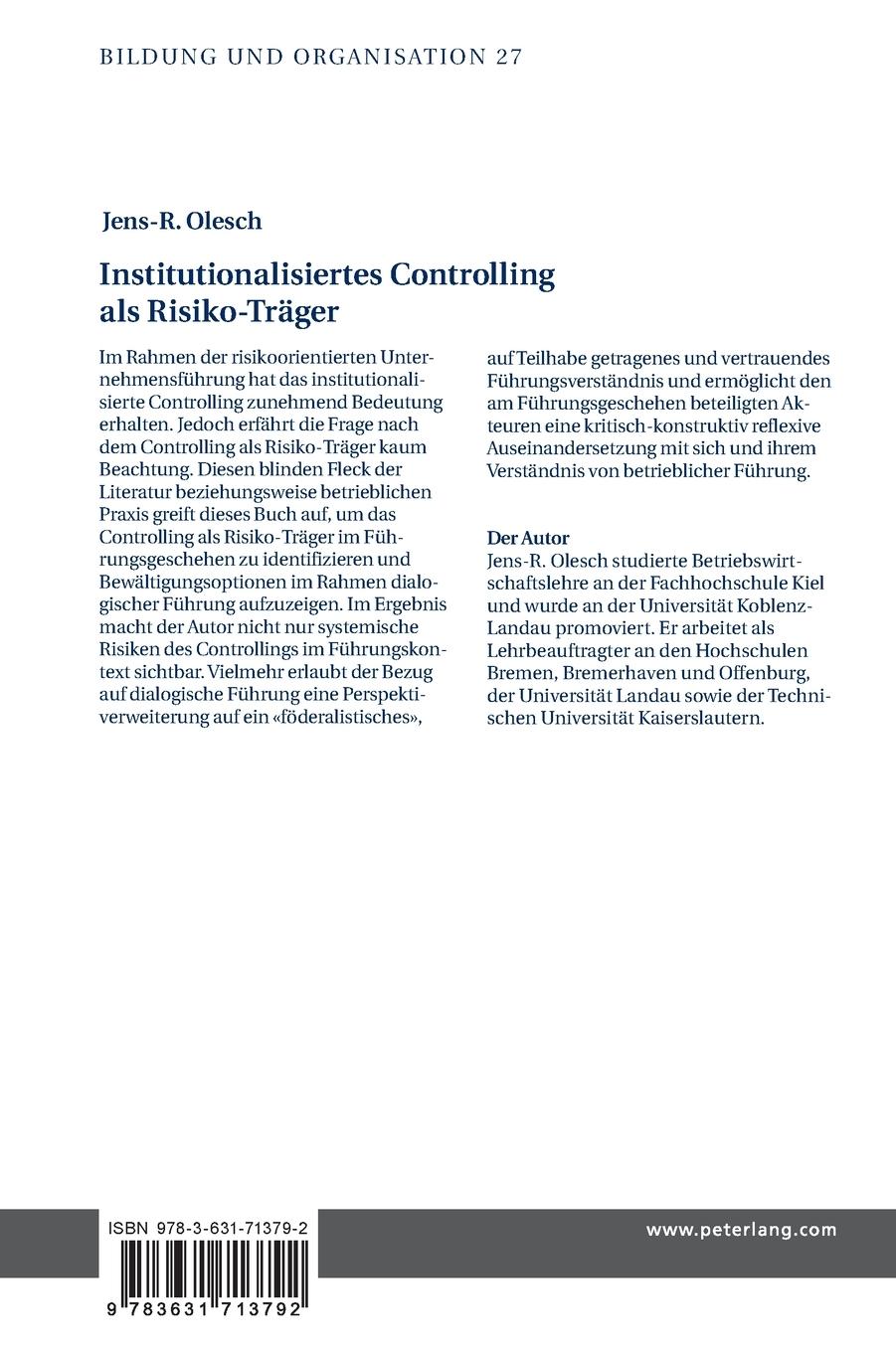 Rückseitencover Institutionalisiertes Controlling als Risiko-Träger
