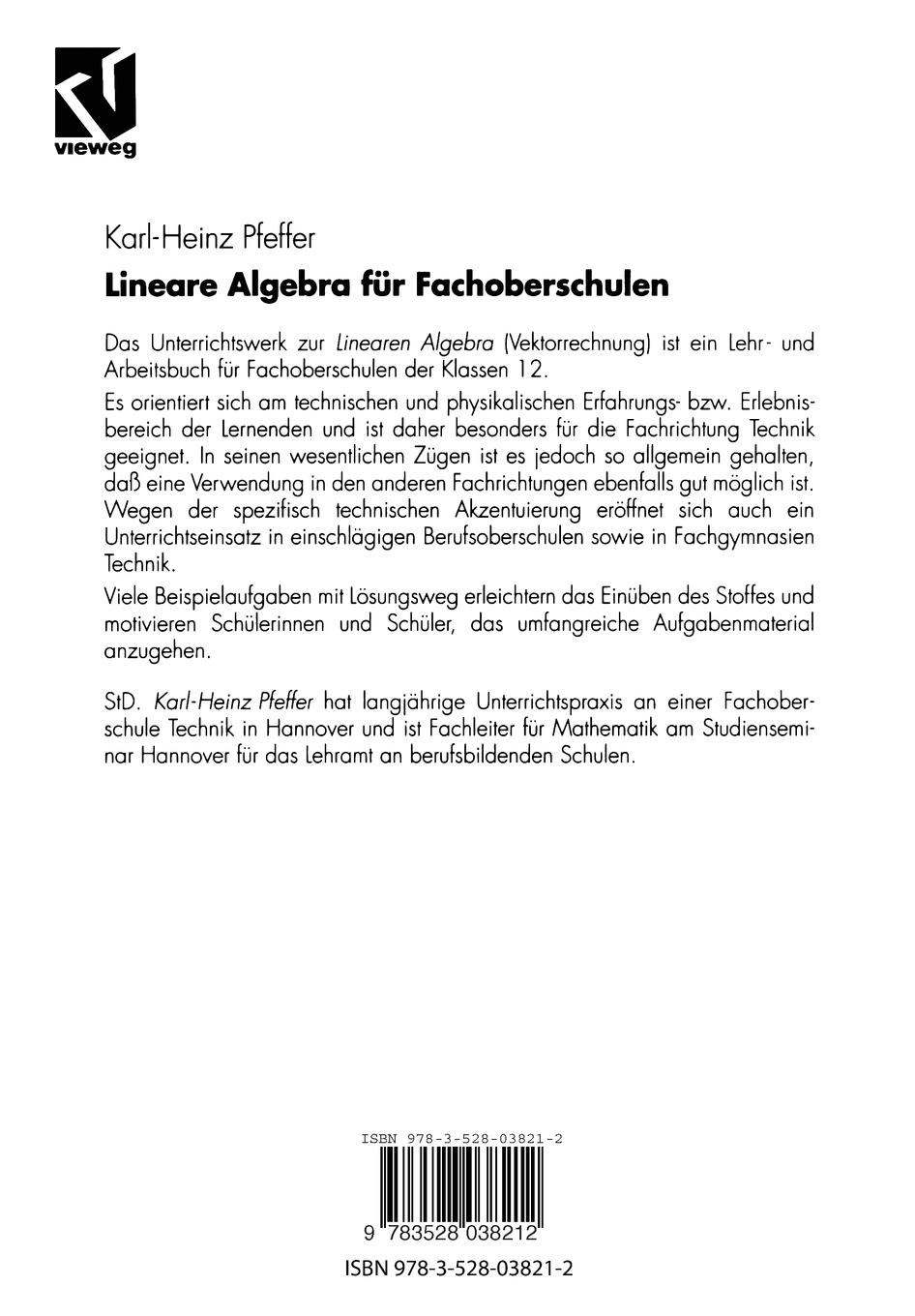Rückseitencover Lineare Algebra für Fachoberschulen