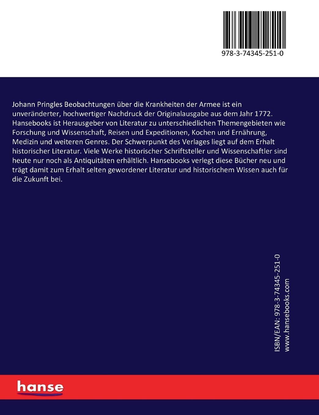 Rückseitencover Johann Pringles Beobachtungen über die Krankheiten der Armee