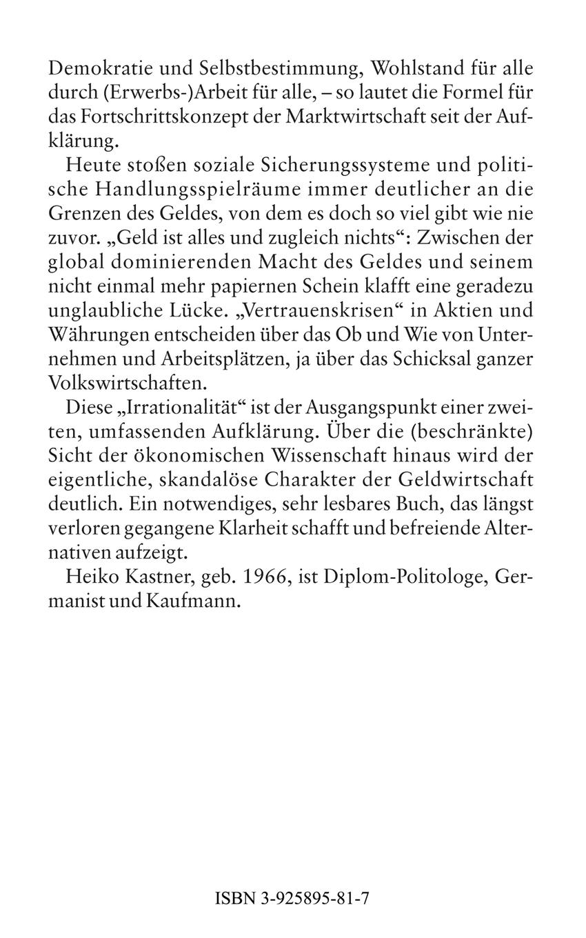 Rückseitencover Mythos Marktwirtschaft Die irrationale Herrschaft des Geldes über Mensch, Arbeit und Natur