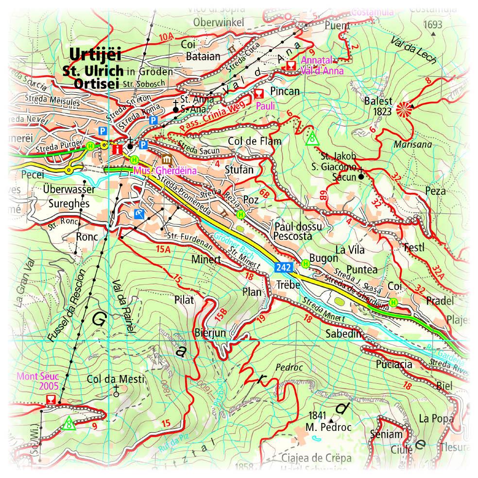 Beispielinhalt (Bild) Grödnertal, Seiser Alm / Val Gardena, Alpe di Siusi Wander- und Radkarte 1 : 35 000