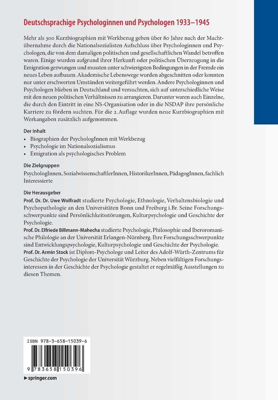 Rückseitencover Deutschsprachige Psychologinnen und Psychologen 1933-1945