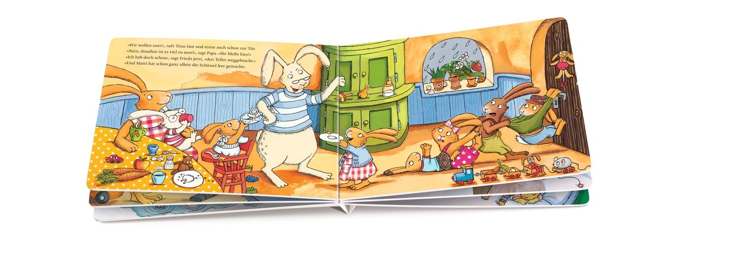 Beispielinhalt (Bild) Wenn sieben grummelige Hasen quietschvergnügt durch Pfützen rasen