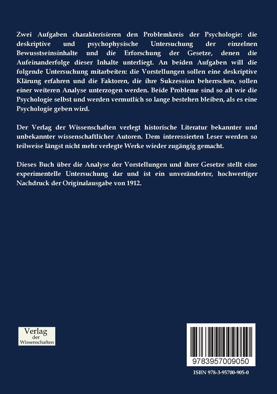 Rückseitencover Zur Analyse der Vorstellungen und ihrer Gesetze