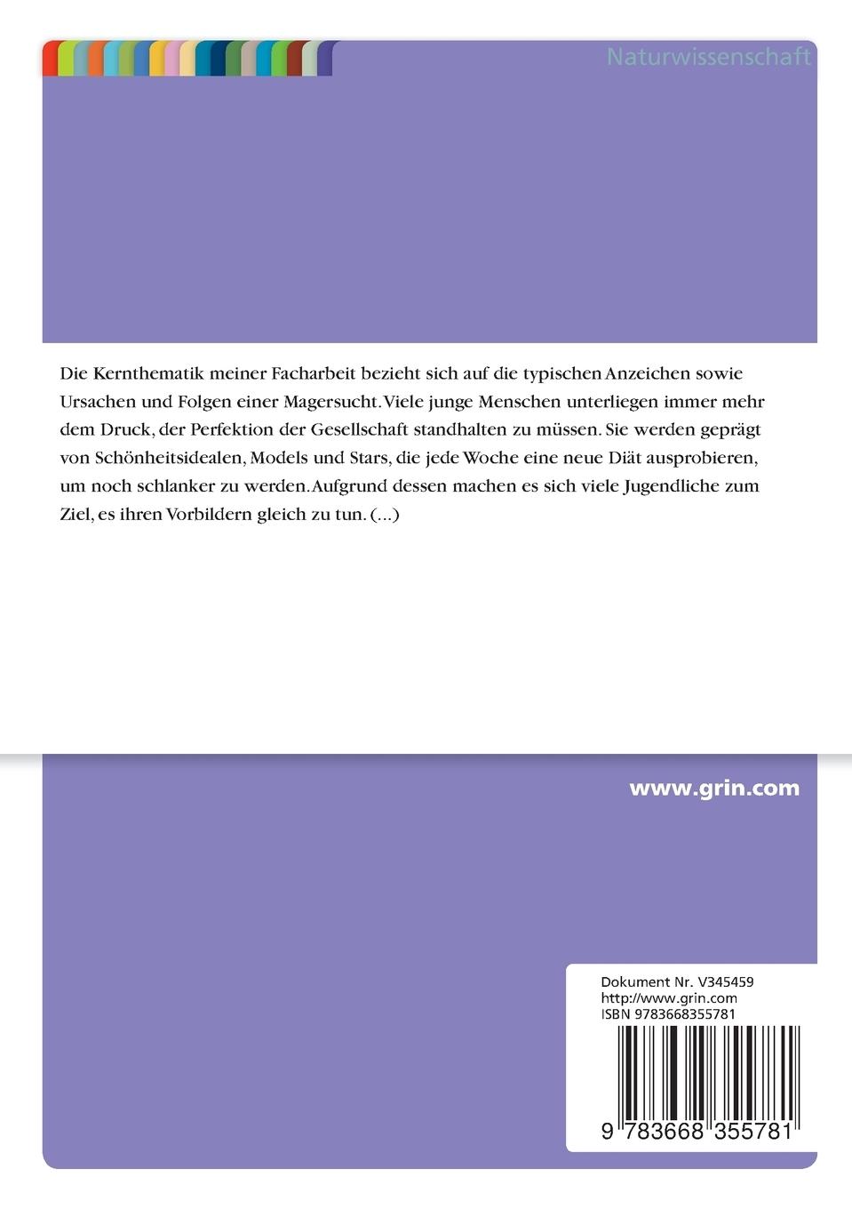 Rückseitencover Magersucht. Welche Anzeichen verweisen auf eine Magersucht und mit welchen Ursachen und Folgen geht diese einher?