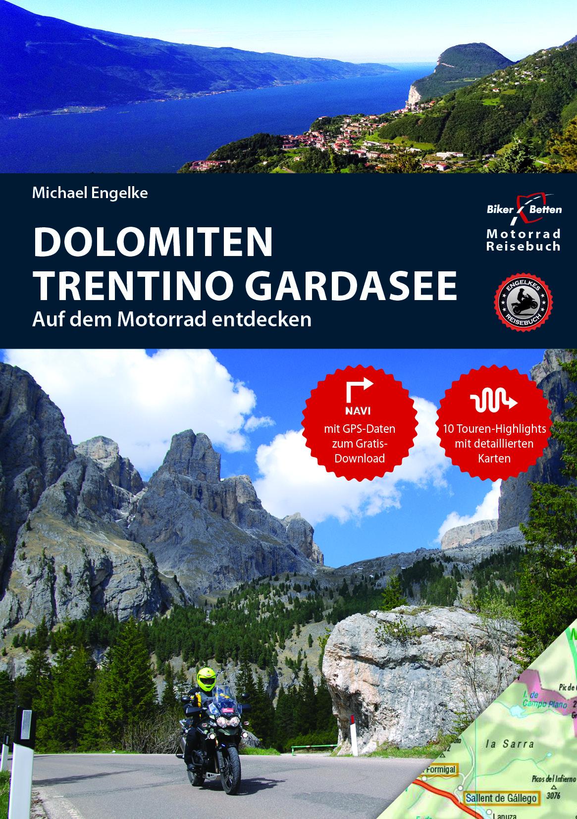 Vorderes Coverbild Motorradreiseführer Dolomiten, Trentino, Südtirol, Gardasee