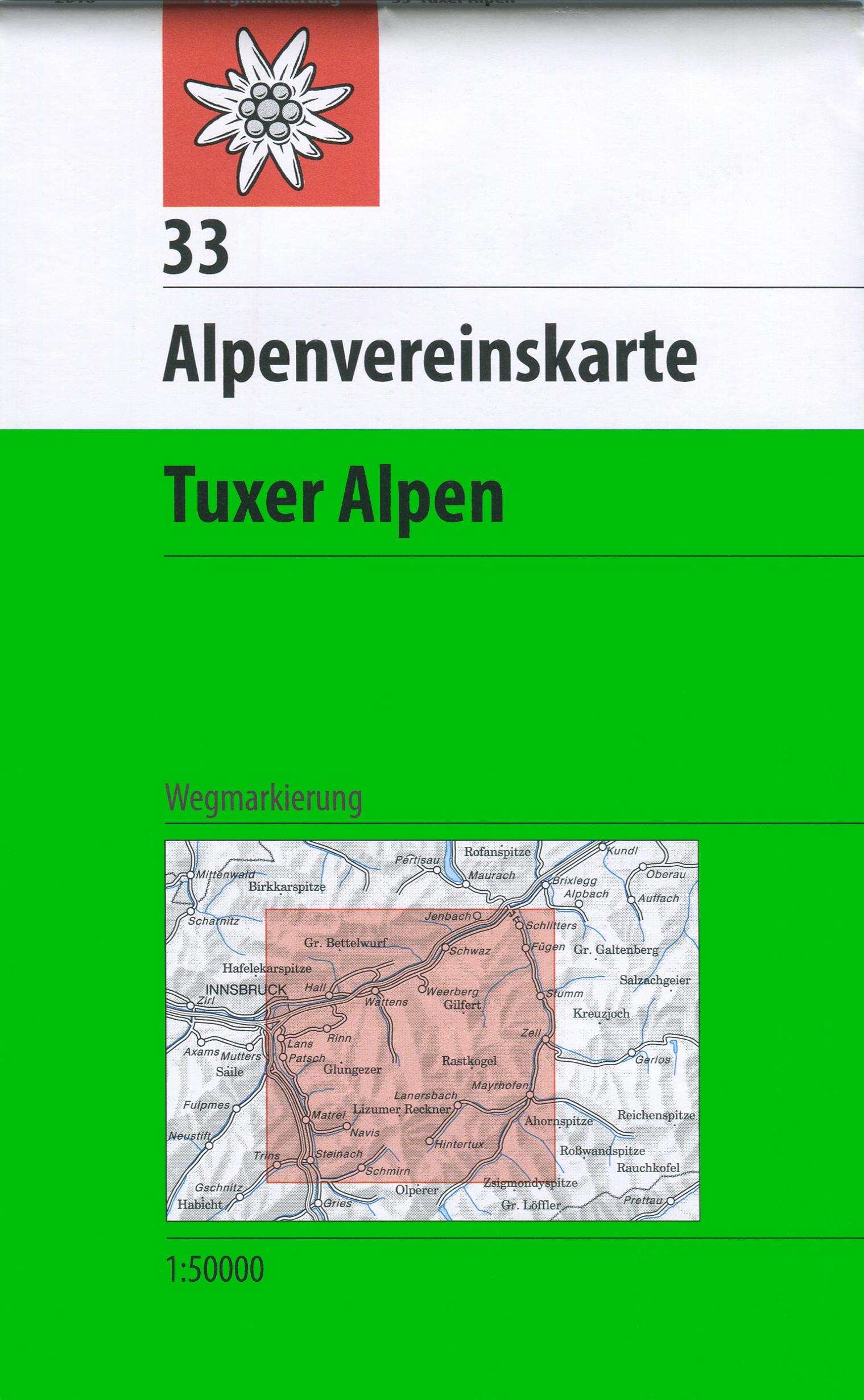 Vorderes Coverbild DAV Alpenvereinskarte 33 Tuxer Alpen 1 : 50 000 Wegmarkierung