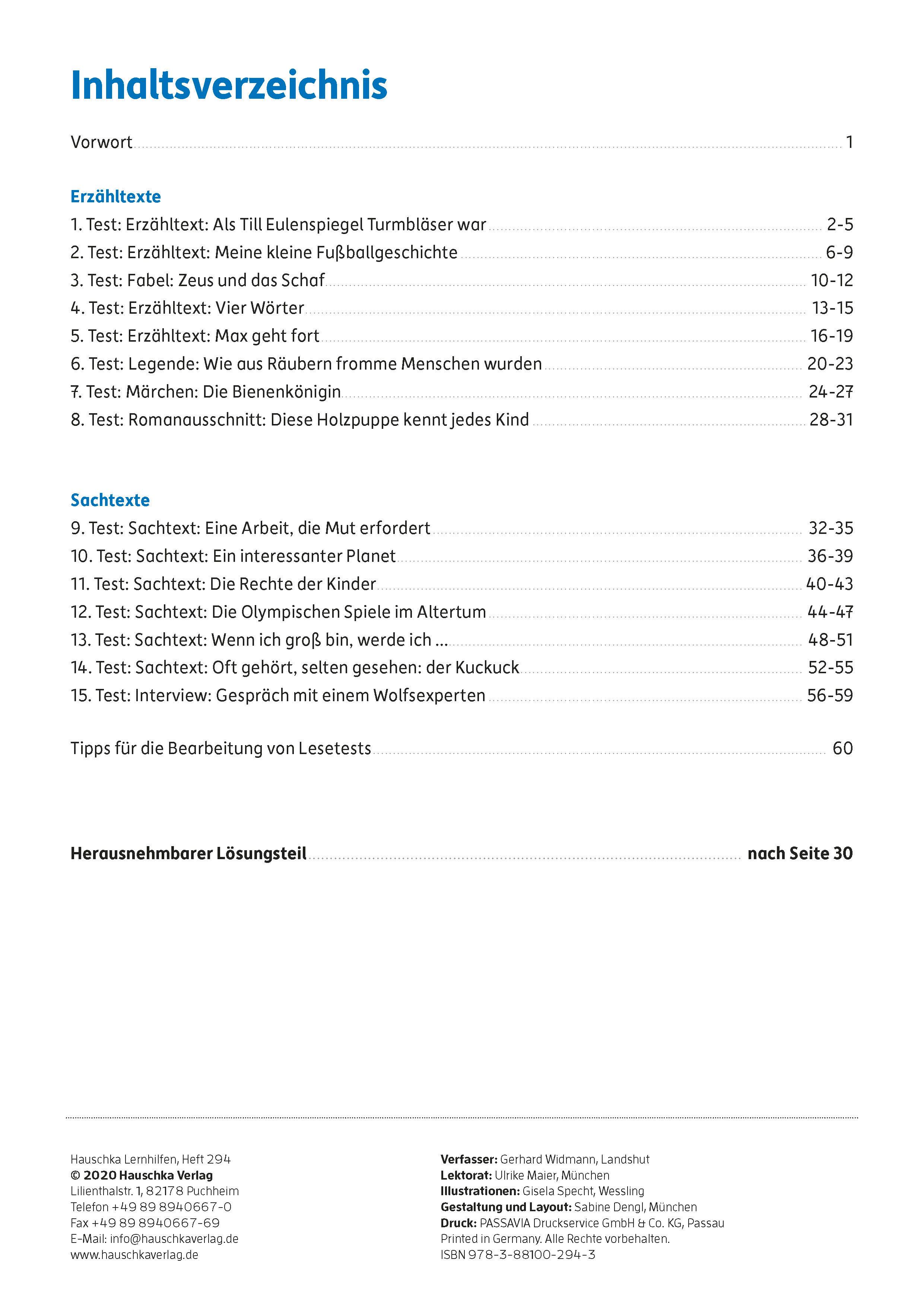 Beispielinhalt (Bild) Lesetests in Deutsch - Lernzielkontrollen 4. Klasse, A4-Heft