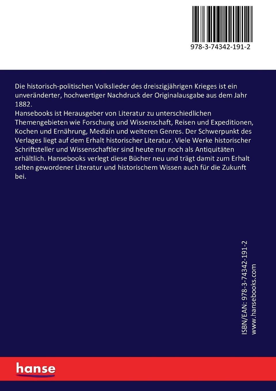 Rückseitencover Die historisch-politischen Volkslieder des dreiszigjährigen Krieges