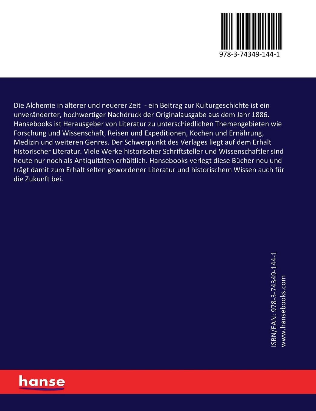Rückseitencover Die Alchemie in älterer und neuerer Zeit