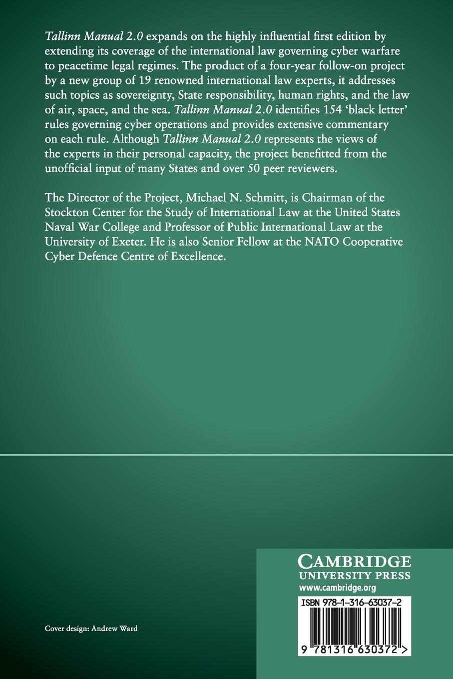 Rückseitencover Tallinn Manual 2.0 on the International Law Applicable to Cyber             Operations