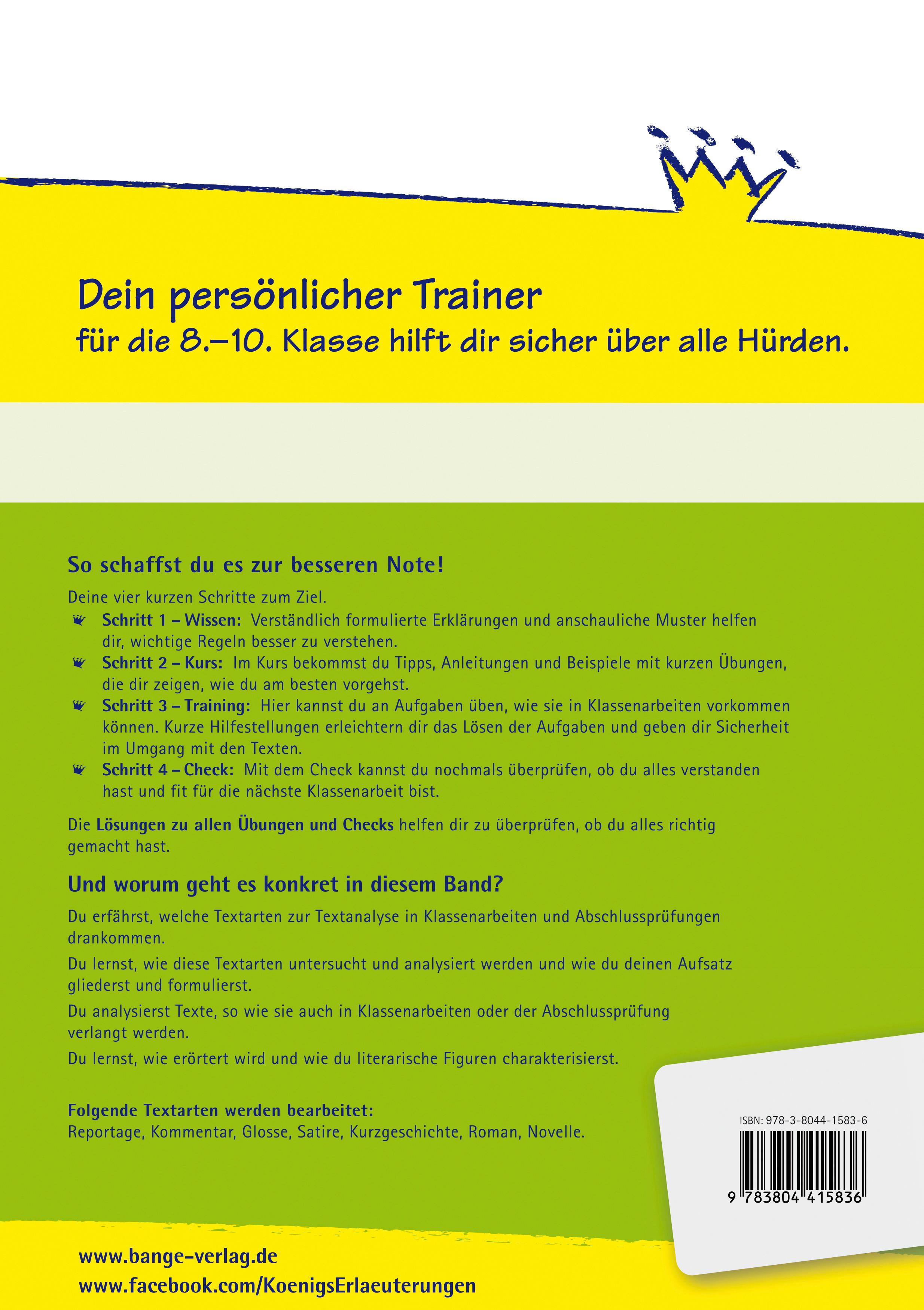 Rückseitencover Texte analysieren und verfassen: Reportagen, Kommentare, Glossen, Satiren, Kurzgeschichten, Romane und Novellen + Aufgaben mit Lösungen. Deutsch Klasse 8-10.
