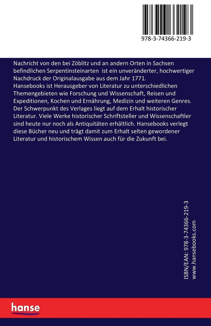 Rückseitencover Nachricht von den bei Zöblitz und an andern Orten in Sachsen befindlichen Serpentinsteinarten