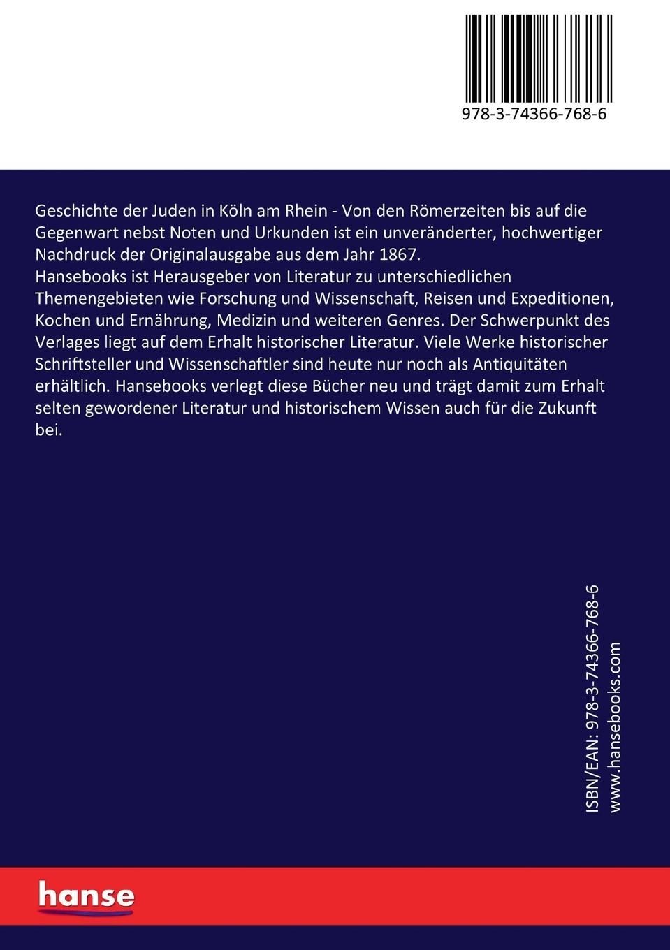 Rückseitencover Geschichte der Juden in Köln am Rhein