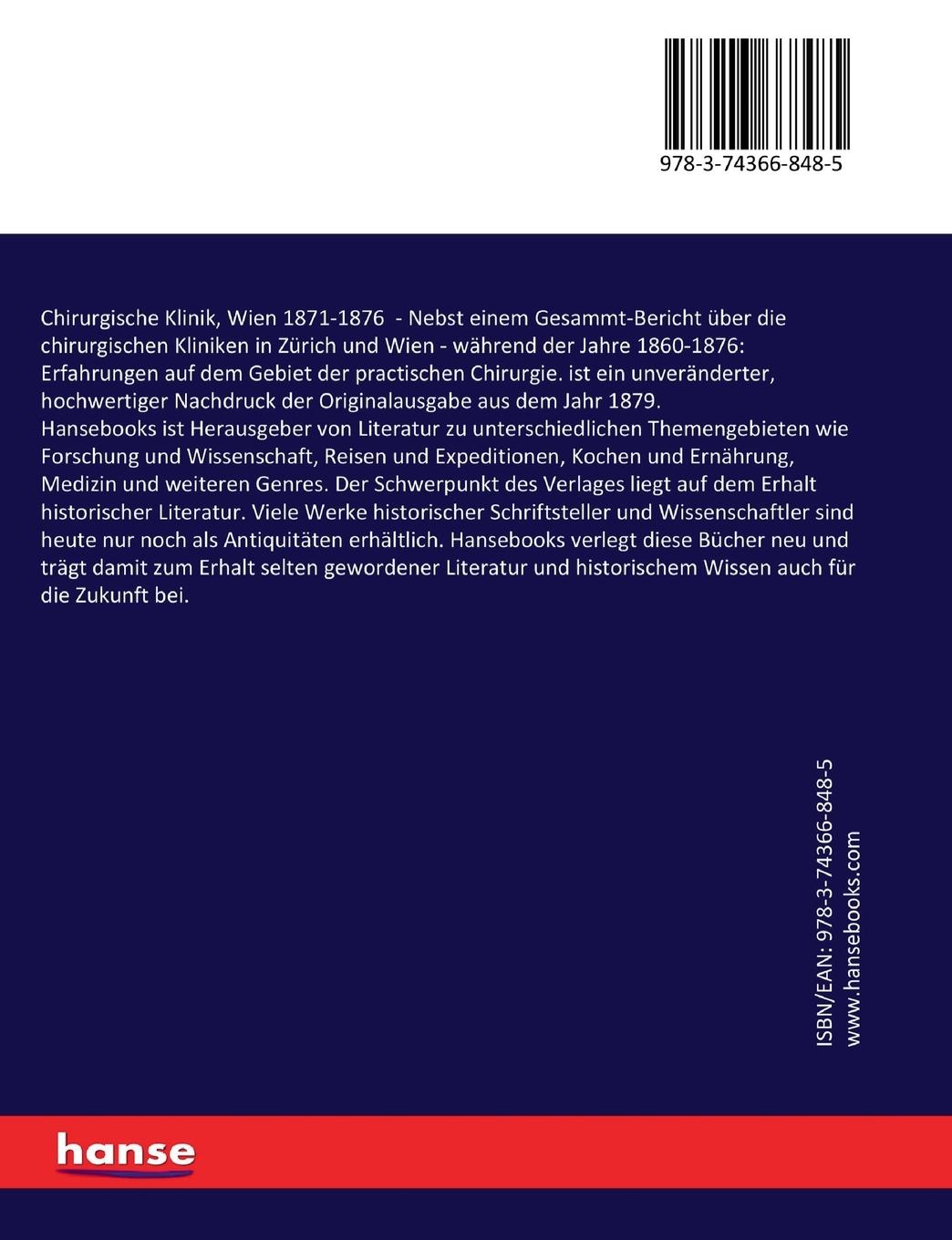 Rückseitencover Chirurgische Klinik, Wien 1871-1876
