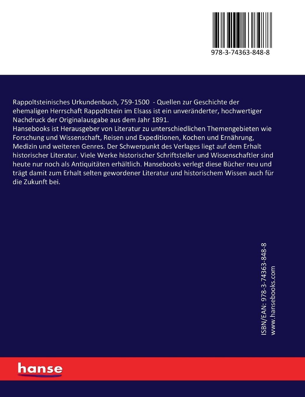 Rückseitencover Rappoltsteinisches Urkundenbuch, 759-1500