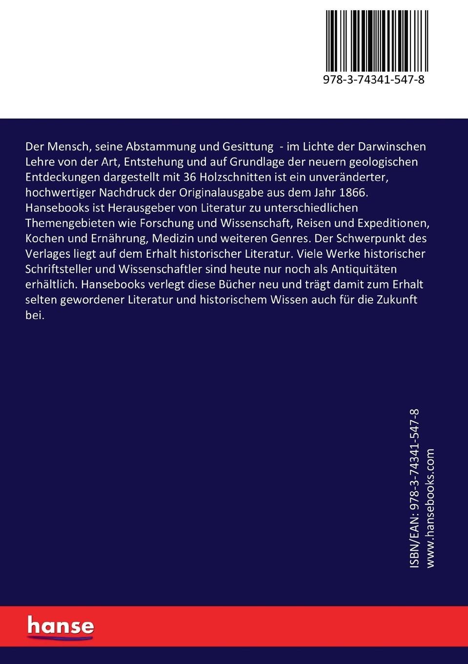Rückseitencover Der Mensch, seine Abstammung und Gesittung