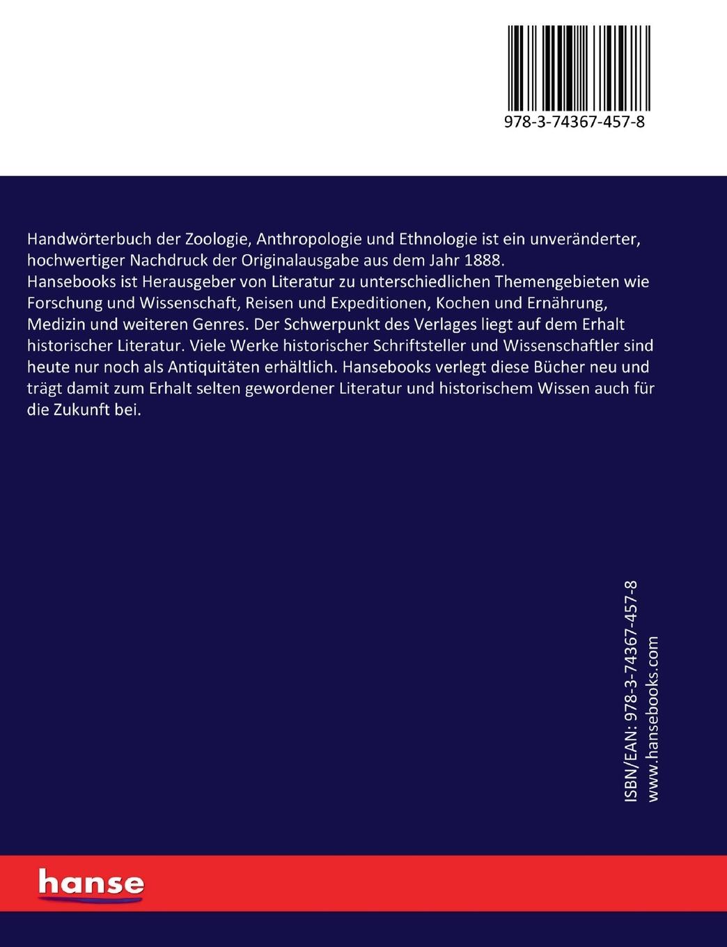 Rückseitencover Handwörterbuch der Zoologie, Anthropologie und Ethnologie
