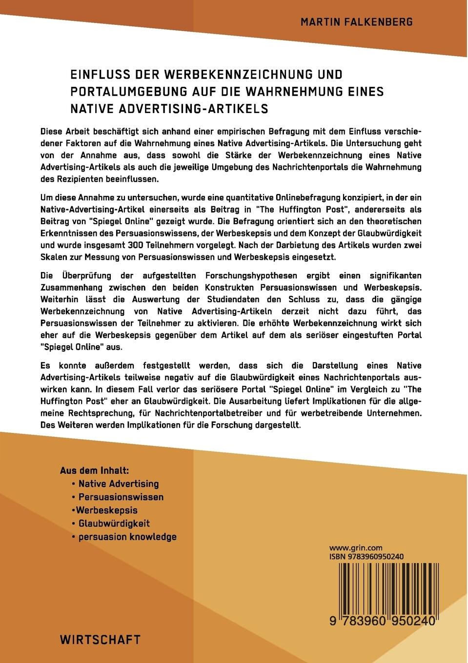 Rückseitencover Einfluss der Werbekennzeichnung und Portalumgebung auf die Wahrnehmung eines Native Advertising-Artikels