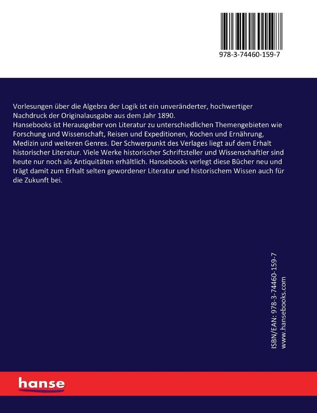 Rückseitencover Vorlesungen über die Algebra der Logik