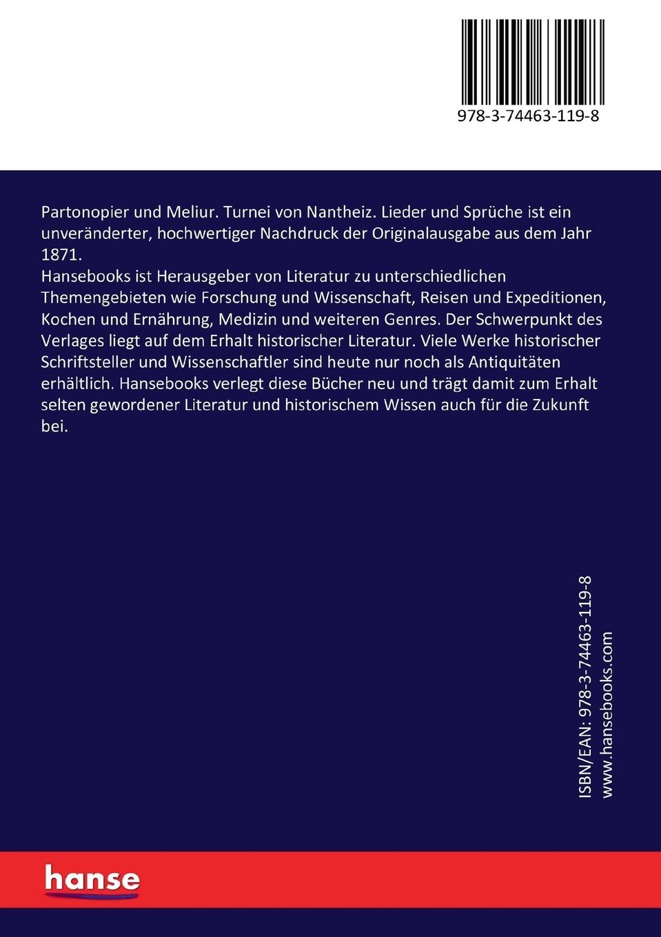 Rückseitencover Partonopier und Meliur. Turnei von Nantheiz. Lieder und Sprüche