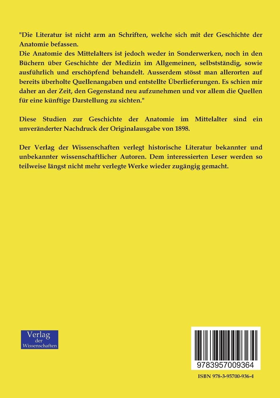 Rückseitencover Studien zur Geschichte der Anatomie im Mittelalter