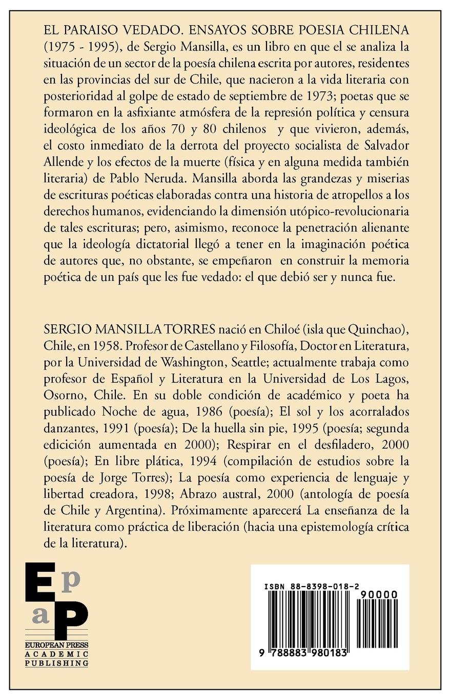 Rückseitencover El Paraiso Vedado. Ensayos Sobre Poesia Chilena del Contragolpe (1975-1995)