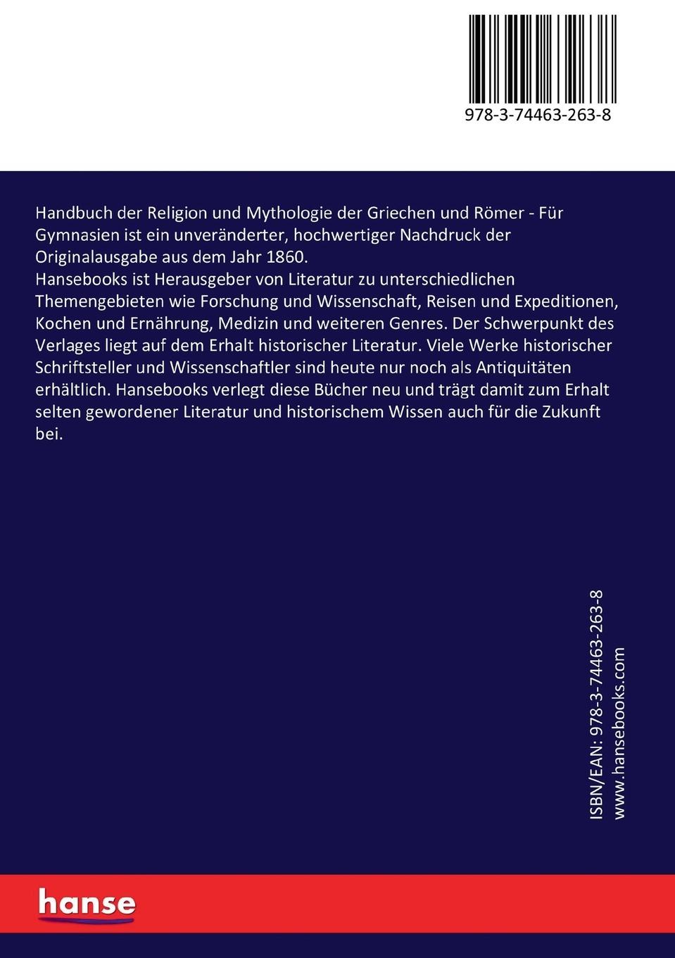 Rückseitencover Handbuch der Religion und Mythologie der Griechen und Römer