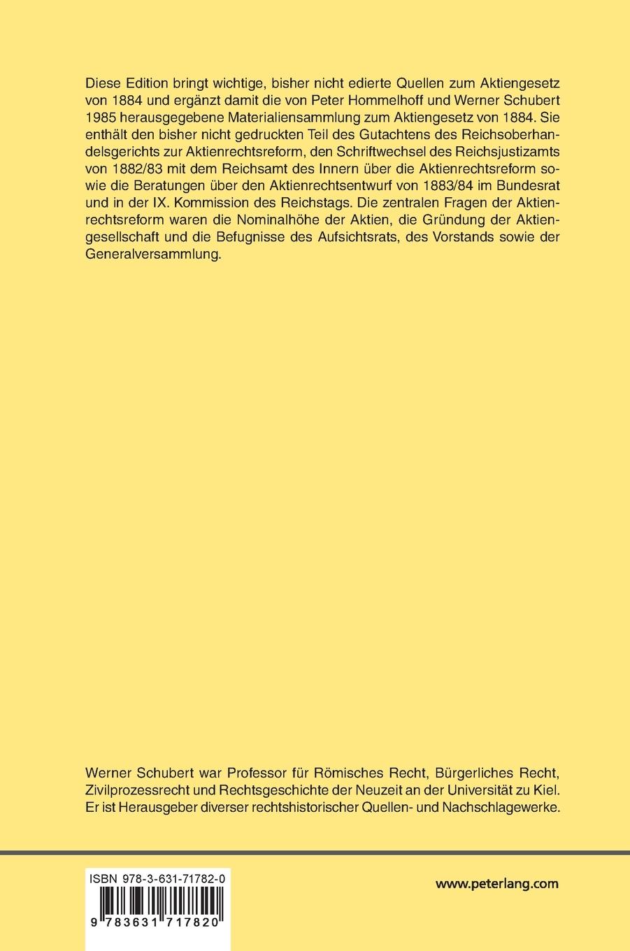 Rückseitencover Quellen zum Aktiengesetz vom 18. Juli 1884
