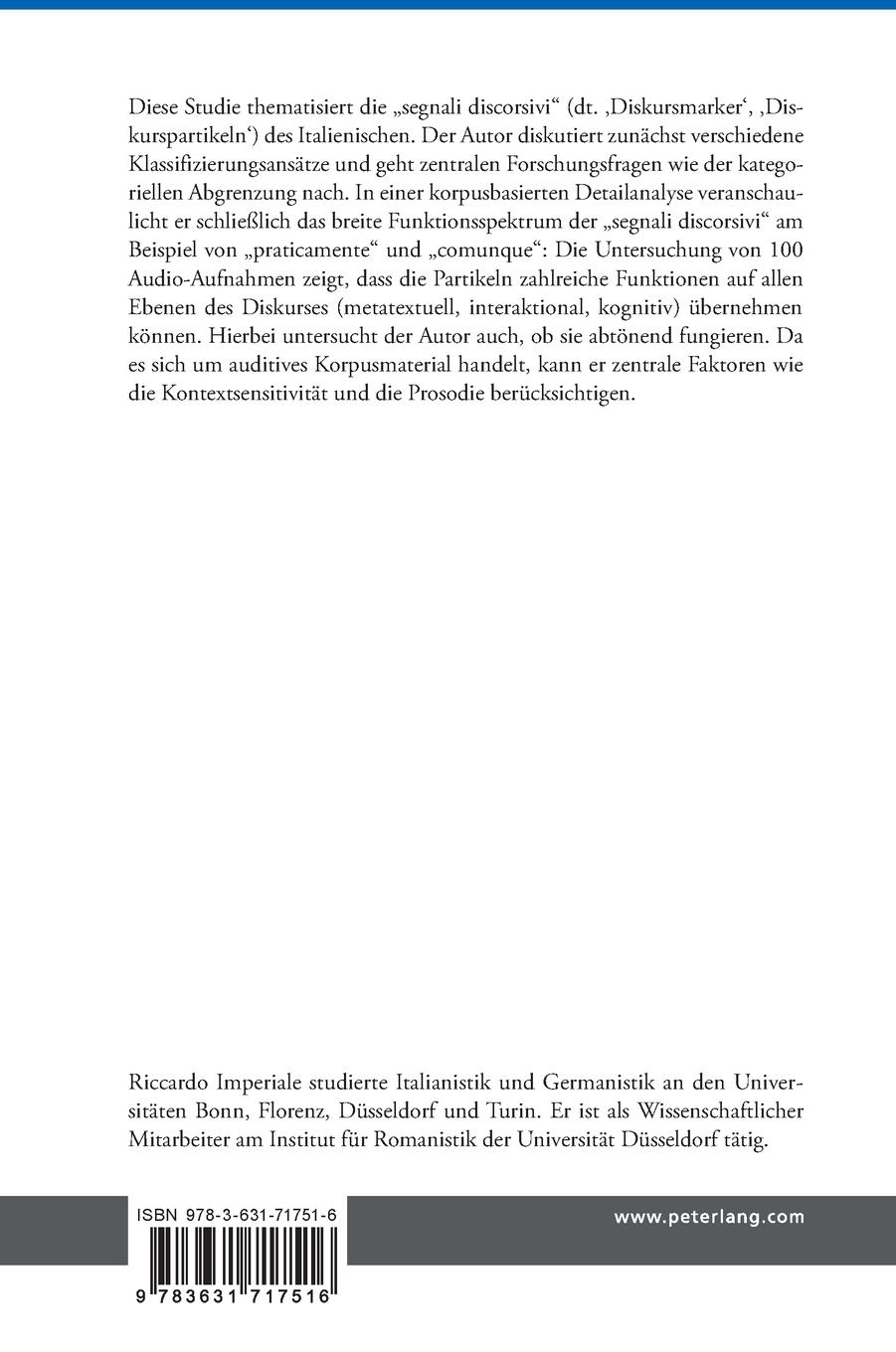 Rückseitencover Die Funktionsklasse der 'segnali discorsivi' des Italienischen