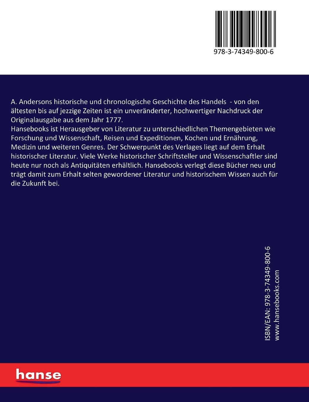 Rückseitencover A. Andersons historische und chronologische Geschichte des Handels