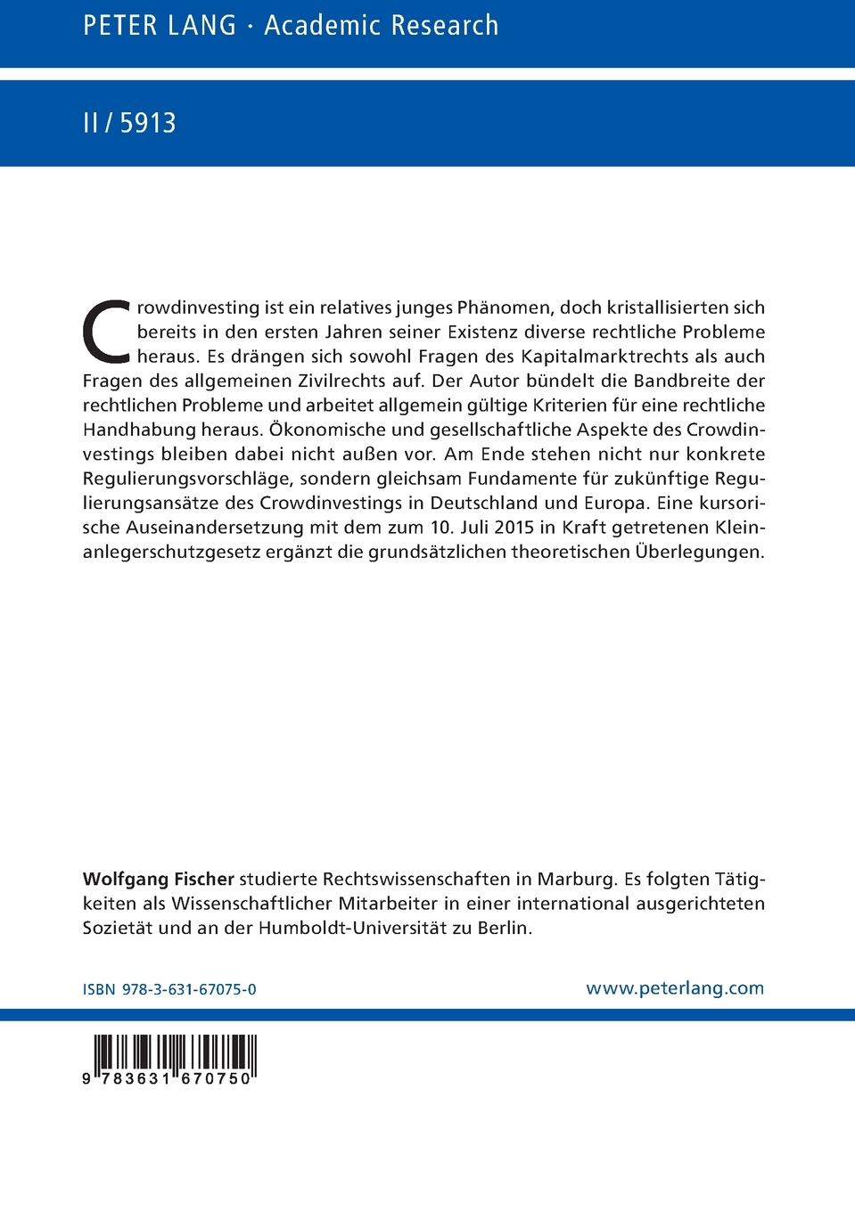 Rückseitencover Rechtslage, Zukunftsperspektiven und Regulierungsansätze des Crowdinvestings in Deutschland