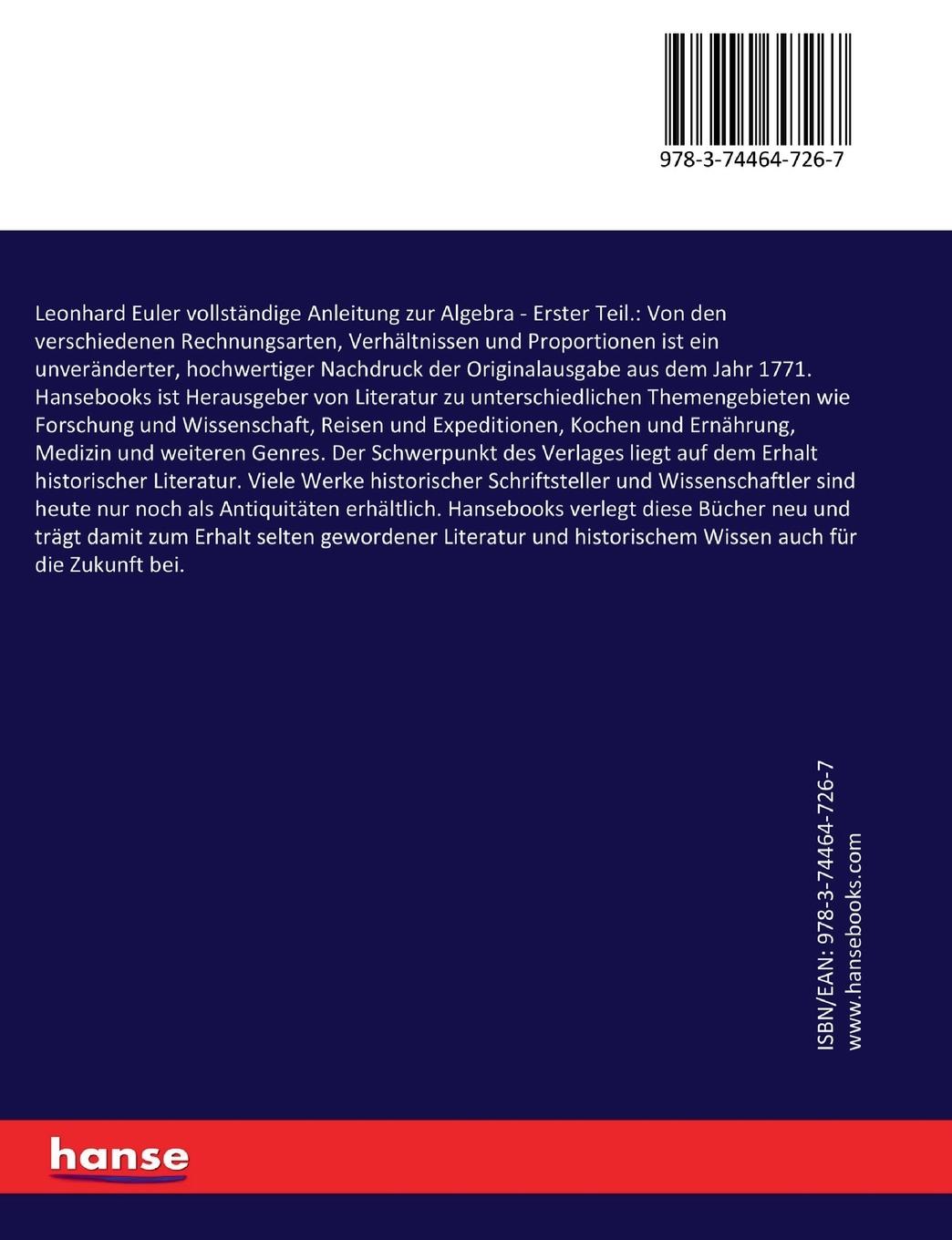 Rückseitencover Leonhard Euler vollständige Anleitung zur Algebra