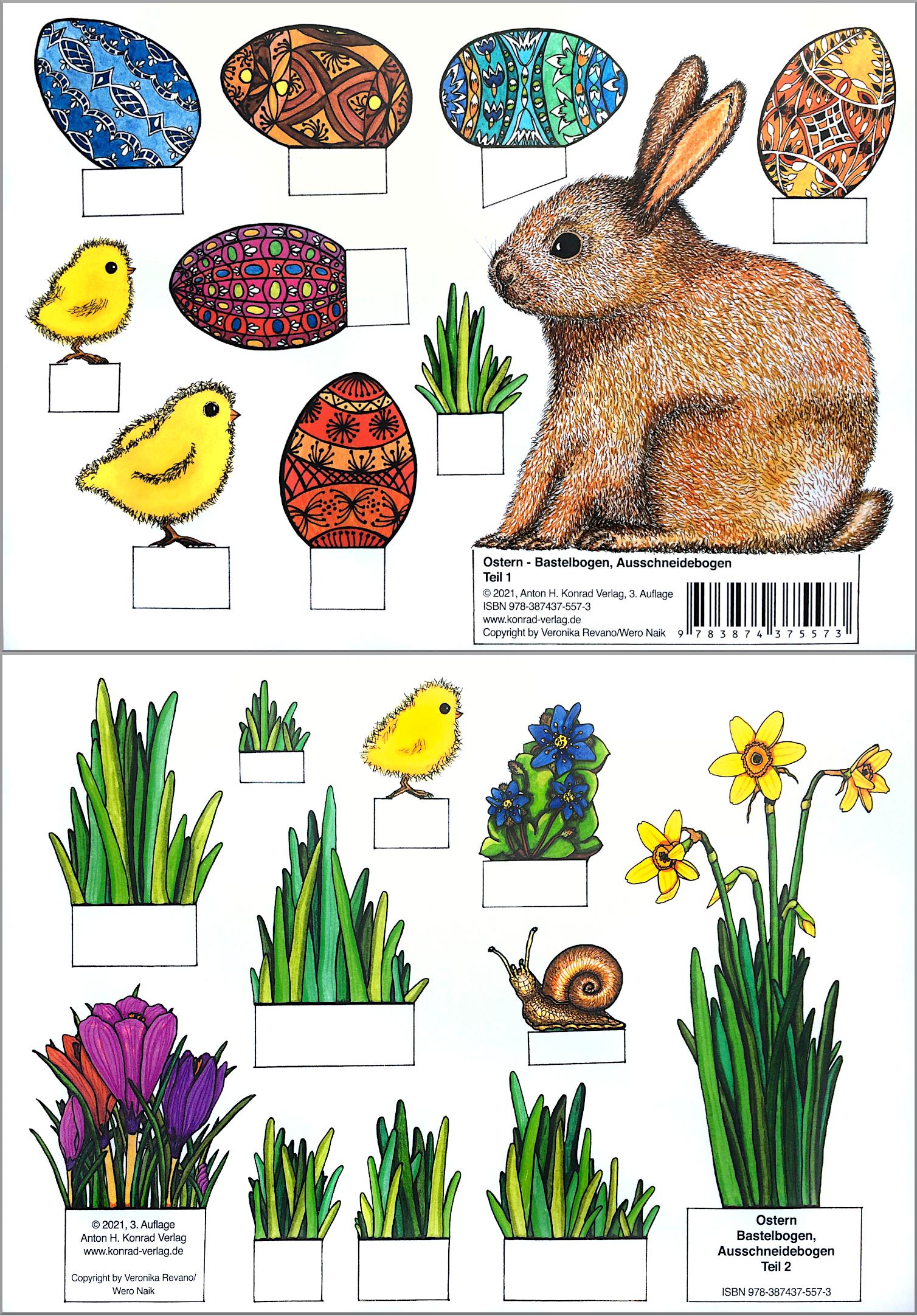 Vorderes Coverbild Ostern - Bastelbogen, Ausschneidebogen: Osterhase, Ostereier, Küken und Blumen zum Basteln.