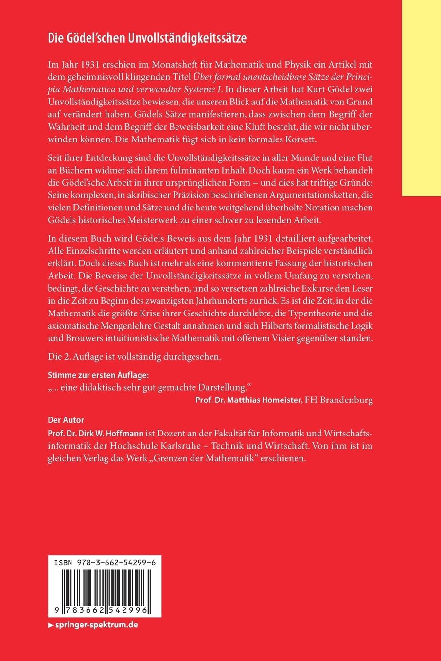 Rückseitencover Die Gödel'schen Unvollständigkeitssätze