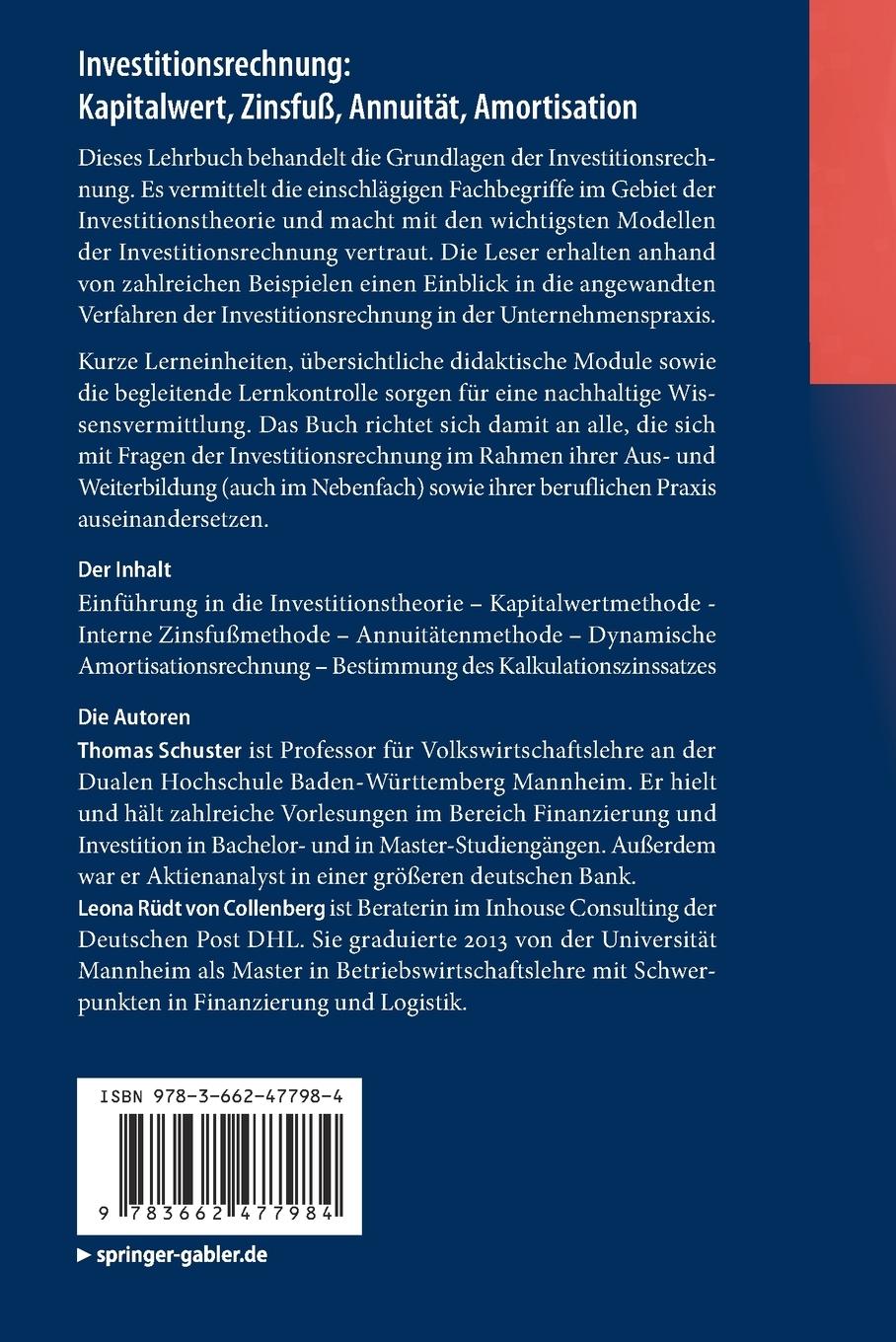 Rückseitencover Investitionsrechnung: Kapitalwert, Zinsfuß, Annuität, Amortisation