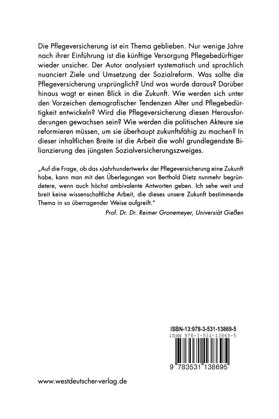 Rückseitencover Die Pflegeversicherung