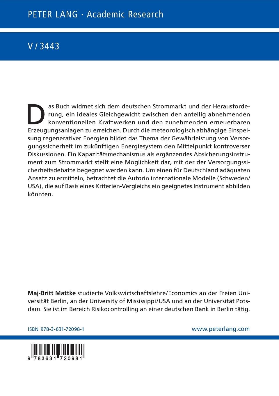 Rückseitencover Versorgungssicherheit und Kapazitätsmechanismen im deutschen Strommarktdesign