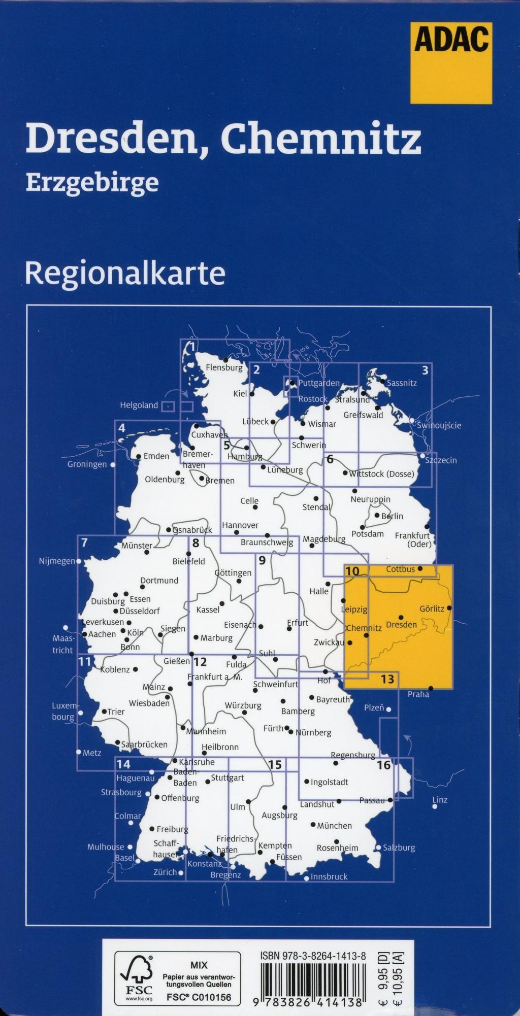 Beispielinhalt (Bild) ADAC Regionalkarte Blatt 10 Dresden, Chemnitz 1:150.000