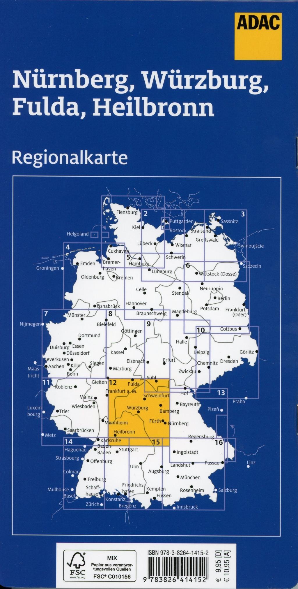 Beispielinhalt (Bild) ADAC Regionalkarte Blatt 12 Nürnberg, Würzburg, Fulda, Heilbronn 1:150 000